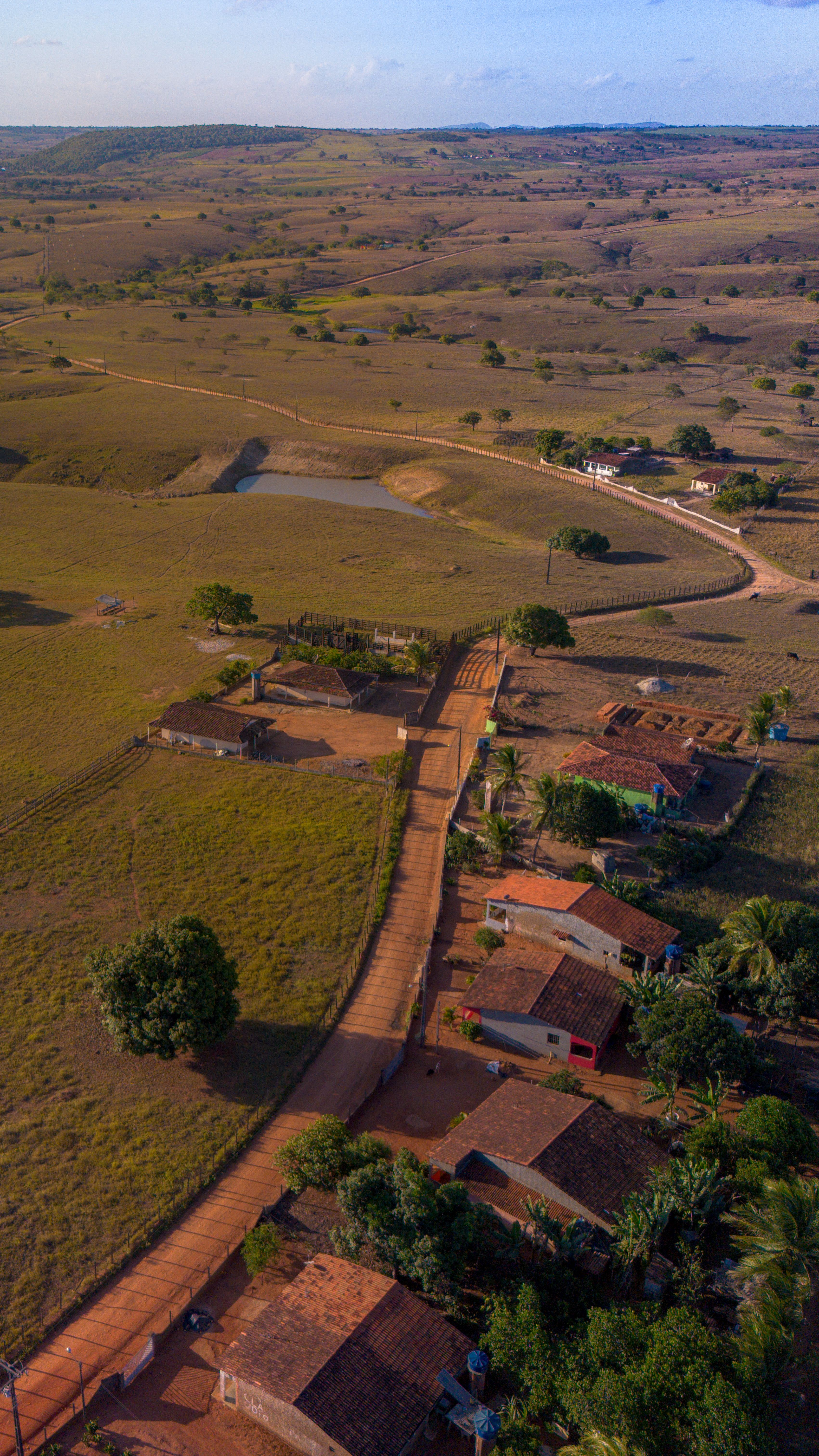 Paisagem rural aérea do Rio Grande do Sul com campos verdes e estradas de terra